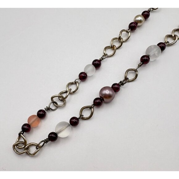 Silver Tone Beaded Chain Necklace Purple Pink Accents Boho - Picture 6 of 7